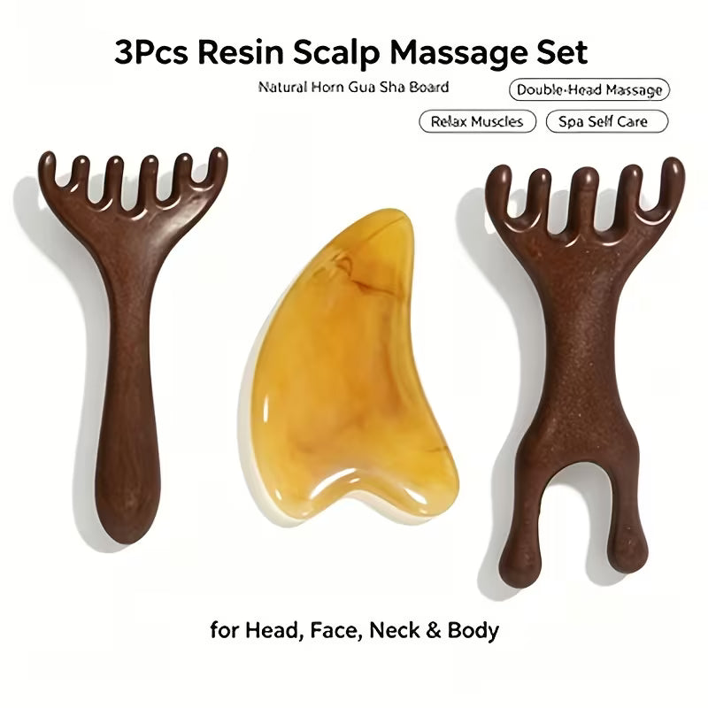 2pcs 3pcs resin scalp massage comb set double headed resin head massager natural horn gua sha board relaxes scalp muscles suitable for facial neck and full body acupressure massage tools 1