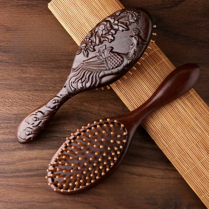 1 2pcs hand carved wooden cushion comb with bamboo teeth oval scalp massage brush suitable for all hair types wooden   brush Product details 0